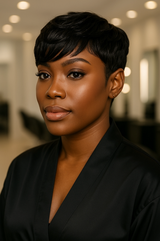 Woman with short pixie Afro haircut at Hiikuss Hair Salon Camberwell